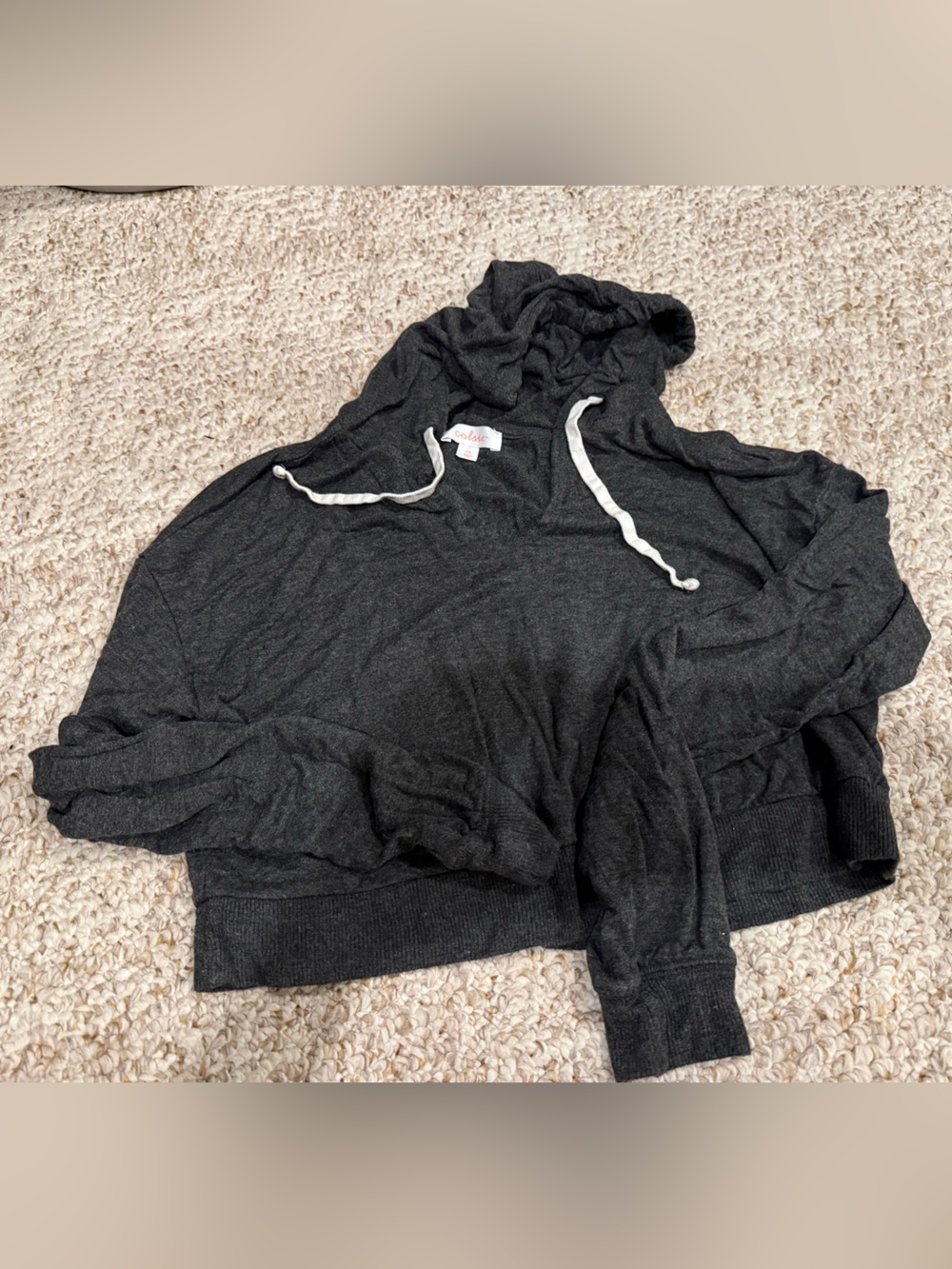 Colsie Charcoal Cropped Hoodie with White Drawstrings